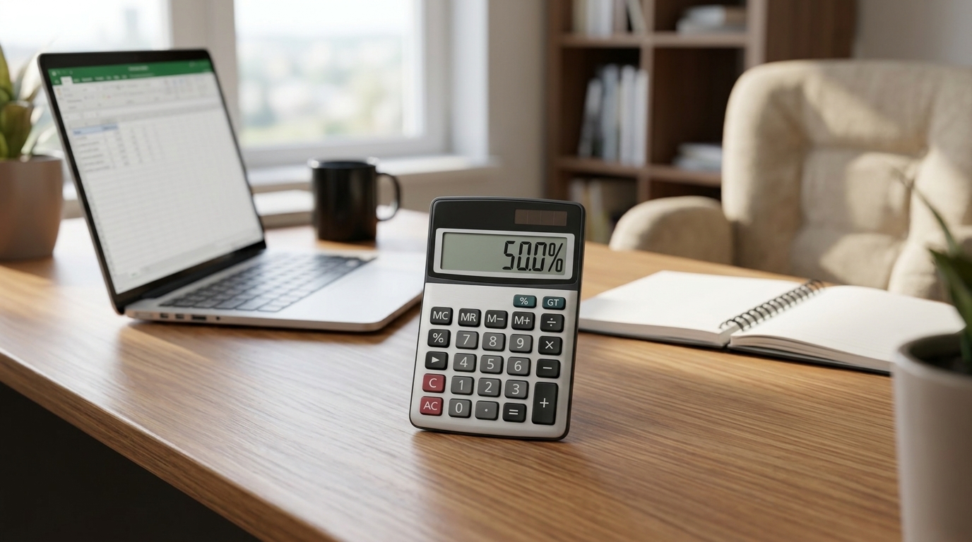 Retail shop counter with a calculator and price tags, illustrating markup vs margin pricing math